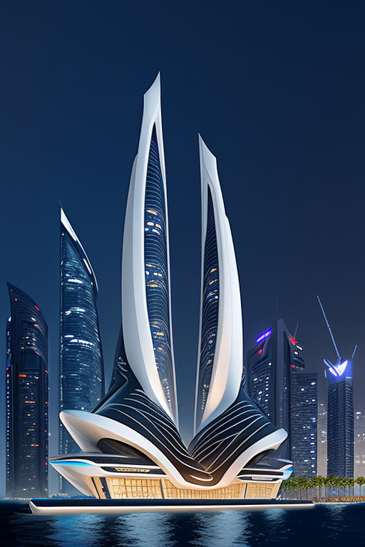 , Skyscraper, designed by Zaha Hadid, Neofuturist Architecture, night time, in the ocean
