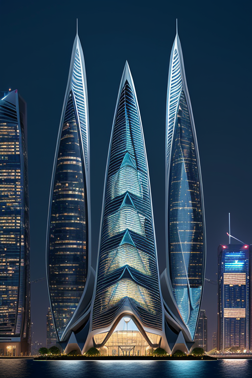 Skyscraper with triangular windows, designed by Zaha Hadid, Neofuturist Architecture, night time, in the ocean