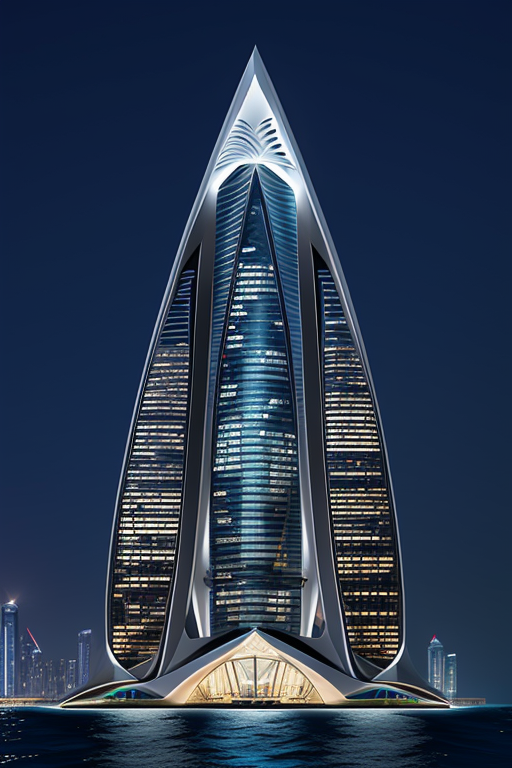 Skyscraper with triangular windows, designed by Zaha Hadid, Neofuturist Architecture, night time, in the ocean