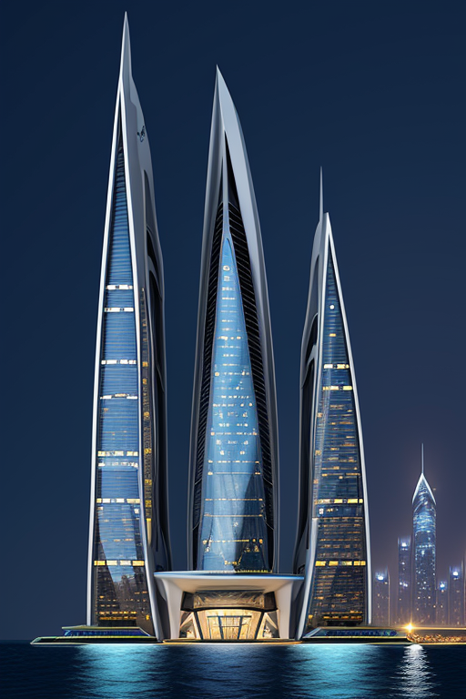 Skyscraper with triangular windows, designed by Zaha Hadid, Neofuturist Architecture, night time, in the ocean