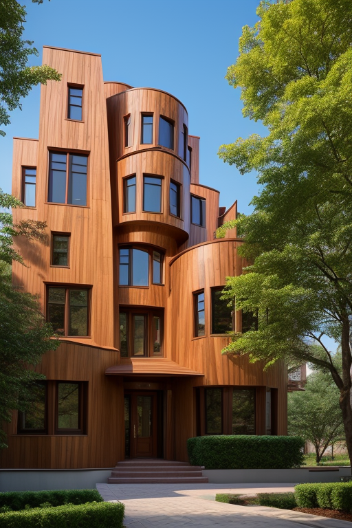 , Brownstone, designed by Frank Gehry, Islamic architecture, afternoon, in the forest