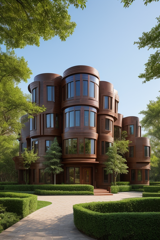 , Brownstone, designed by Frank Gehry, Islamic architecture, afternoon, in the forest