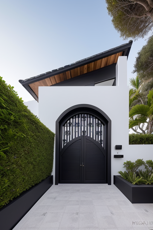 casa de dos pisos con rejas negras al frente, un poron negro a la izquierda, una puerta grande al medio y dos pilares de piedra a los costados , Villa, on the beach