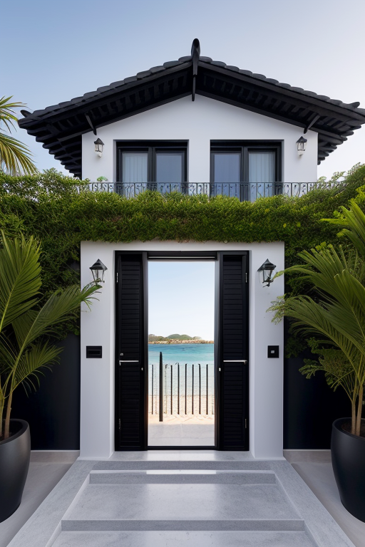 casa de dos pisos con rejas negras al frente, un poron negro a la izquierda, una puerta grande al medio y dos pilares de piedra a los costados , Villa, on the beach