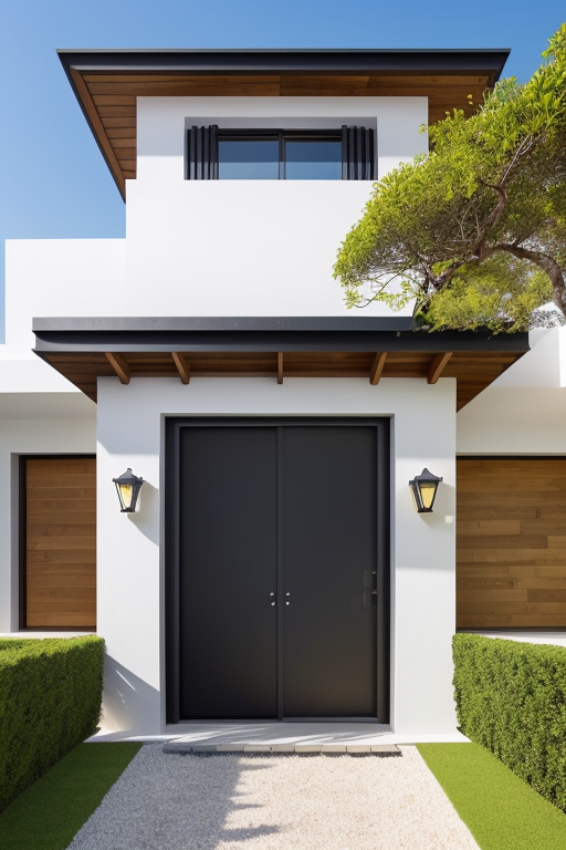 casa de dos pisos amarilla con rejas negras al frente, un porton negro a la izquierda, una puerta de madera grande al medio y dos pilares de piedra a los costados , Villa, on the beach, 