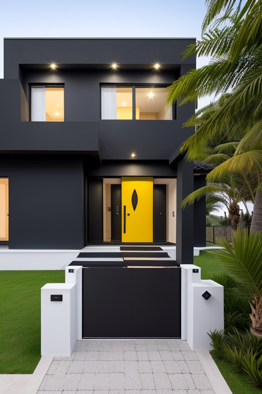 casa de dos pisos amarilla con rejas negras al frente, un porton negro a la izquierda, una puerta de madera grande al medio y dos pilares de piedra a los costados , Villa, on the beach, 