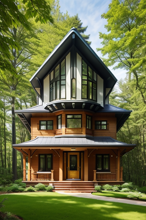 A small house, Townhouse, designed by Philip Johnson, Art Nouveau Architecture, afternoon, in the forest