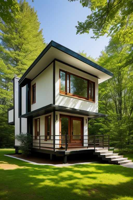 A small house, Townhouse, designed by Philip Johnson, Art Nouveau Architecture, afternoon, in the forest