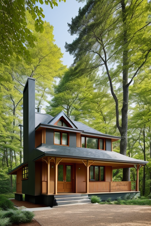 A small house, Townhouse, designed by Philip Johnson, Art Nouveau Architecture, afternoon, in the forest