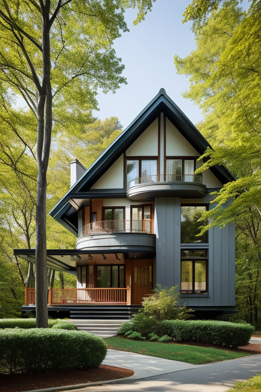 A small house, Townhouse, designed by Philip Johnson, Art Nouveau Architecture, afternoon, in the forest