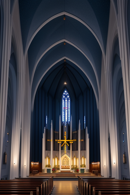 , Church, designed by Renzo Piano, Scandinavian architecture, night time, in the ocean