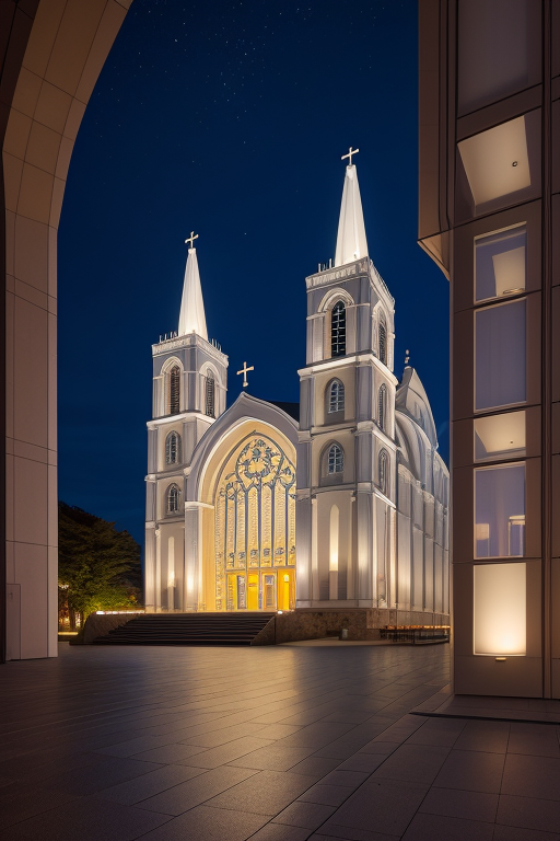 , Church, designed by Renzo Piano, Scandinavian architecture, night time, in the ocean