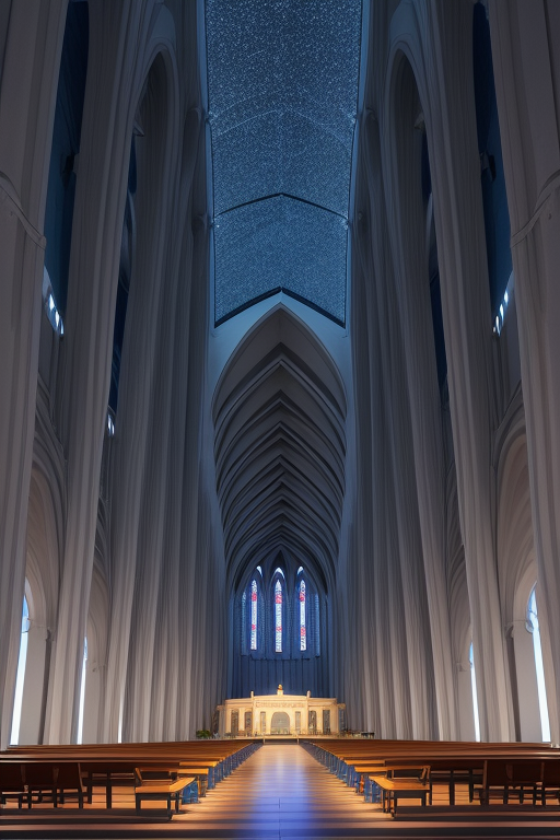 , Church, designed by Renzo Piano, Scandinavian architecture, night time, in the ocean