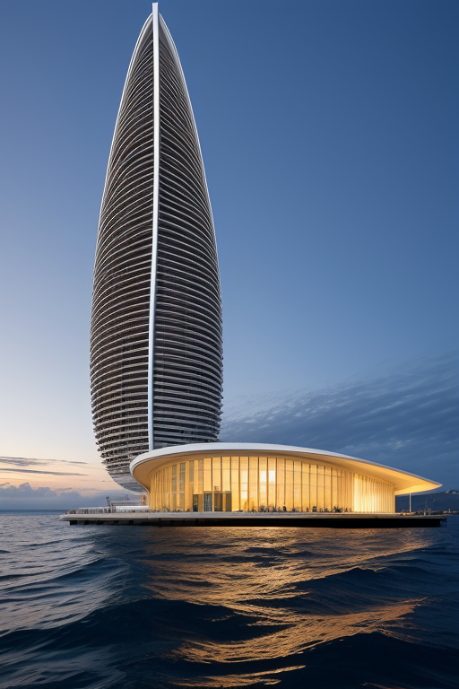 , Church, designed by Renzo Piano, Scandinavian architecture, night time, in the ocean, Mid Rise, designed by Oscar Niemeyer, Parametric Architecture, morning, in the desert