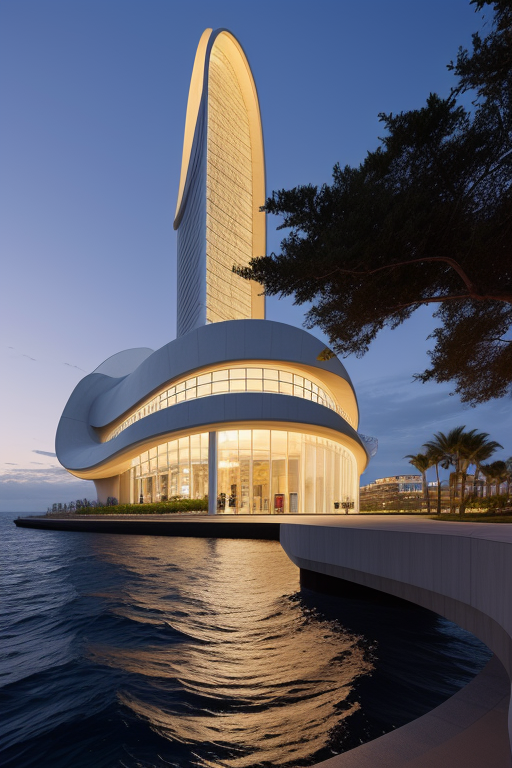 , Church, designed by Renzo Piano, Scandinavian architecture, night time, in the ocean, Mid Rise, designed by Oscar Niemeyer, Parametric Architecture, morning, in the desert