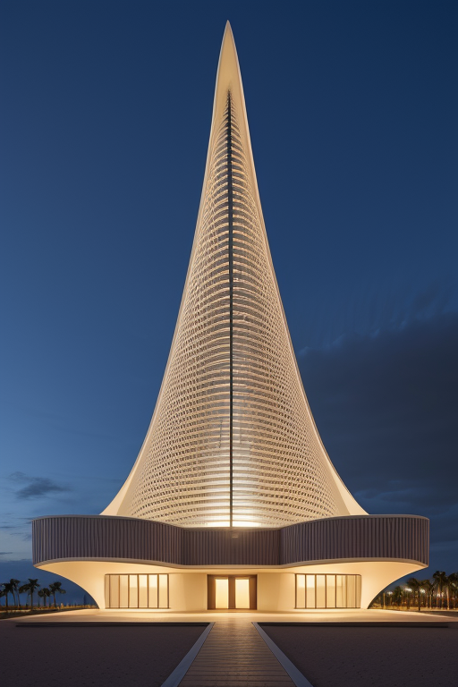 , Church, designed by Renzo Piano, Scandinavian architecture, night time, in the ocean, Mid Rise, designed by Oscar Niemeyer, Parametric Architecture, morning, in the desert