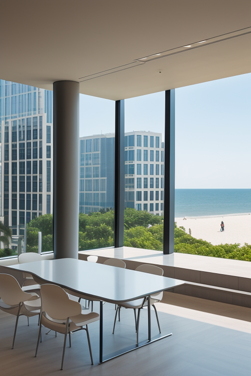 , Office, designed by Philip Johnson, Neofuturist Architecture, afternoon, on the beach