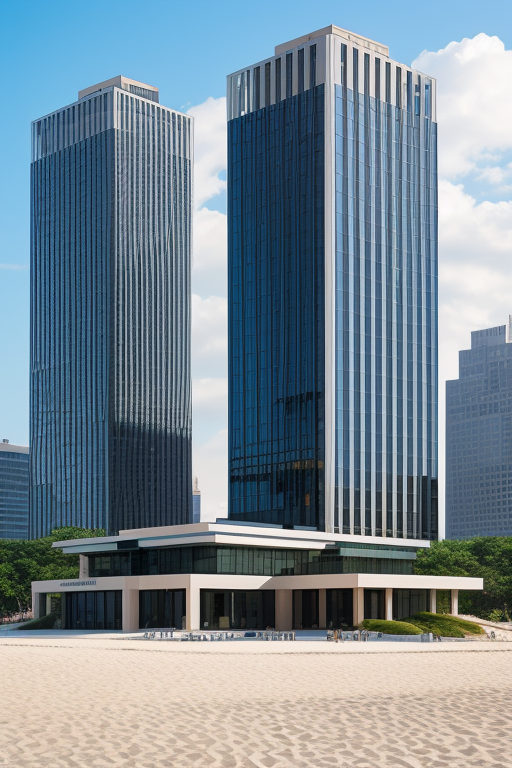 , Office, designed by Philip Johnson, Neofuturist Architecture, afternoon, on the beach