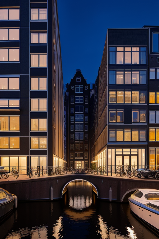 , Building, designed by Norman Foster, Modern Architecture, night time, in Amsterdam