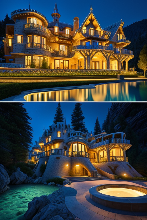 , Mansion, designed by Gaudi, Post-Modern Architecture, night time, in the mountains, underwater 