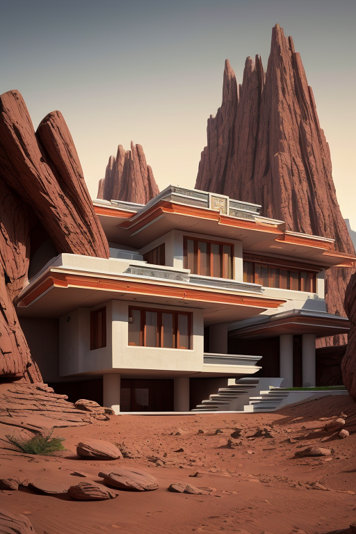  underground, upside down, outer space , Villa, on Mars, morning, designed by Frank Lloyd Wright, Neofuturist Architecture
