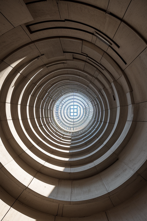 Below ground, Brutalist Architecture, , designed by Philip Johnson, Bauhaus Architecture, morning, in Rome, warm, labyrinth, spiral