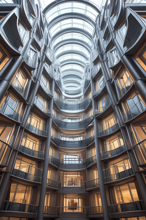 Below ground, Bauhaus Architecture, morning, warm, labyrinth, spiral, cozy, , designed by Renzo Piano, designed by Frank Gehry, in Amsterdam