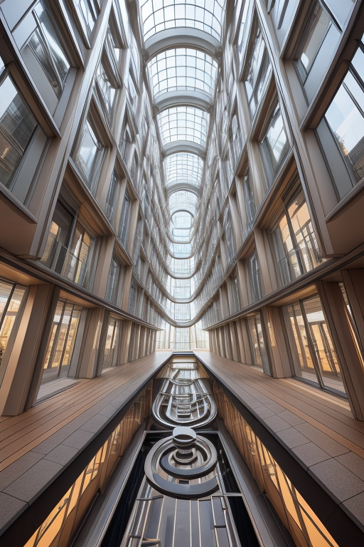 Below ground, Bauhaus Architecture, morning, warm, labyrinth, spiral, cozy, , designed by Renzo Piano, designed by Frank Gehry, in Amsterdam