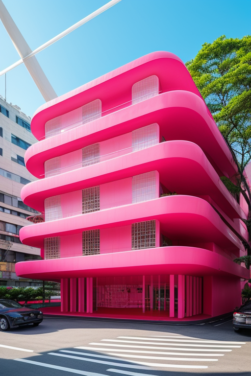 , Museum, designed by Oscar Niemeyer, Modern Architecture, in New York, bright pink exterior, soft neoprene facade, jelly roof, candy pathway, 