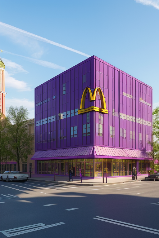 KGB, Corduroy fabric facade, purple cotton candy, Cheshire Cat, McDonald’s, maze, Building, designed by Mies Van der Rohe, Post-Modern Architecture, afternoon, in Moscow