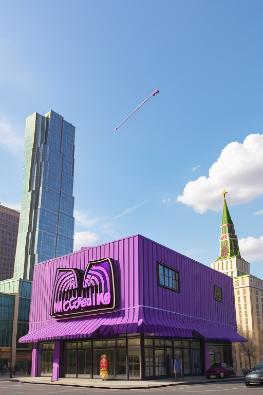 KGB, Corduroy fabric facade, purple cotton candy, Cheshire Cat, McDonald’s, maze, Building, designed by Mies Van der Rohe, Post-Modern Architecture, afternoon, in Moscow