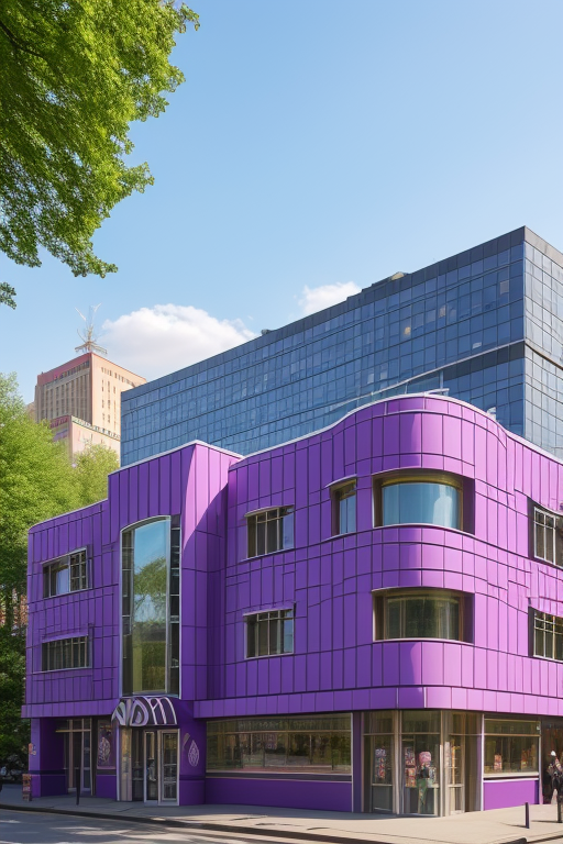 KGB, Corduroy fabric facade, purple cotton candy, Cheshire Cat, McDonald’s, maze, Building, designed by Mies Van der Rohe, Post-Modern Architecture, afternoon, in Moscow