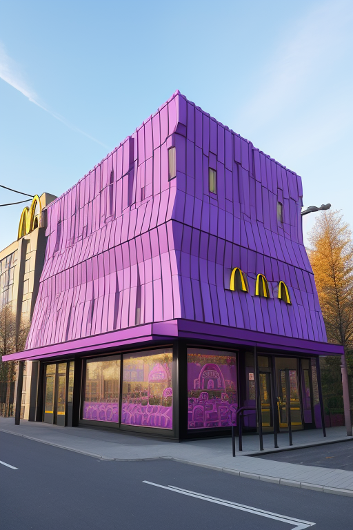 KGB, Corduroy fabric facade, purple cotton candy, Cheshire Cat, McDonald’s, maze, Building, designed by Mies Van der Rohe, Post-Modern Architecture, afternoon, in Moscow