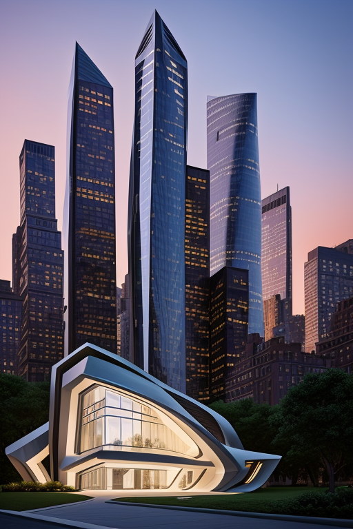 old man west style, Mansion, designed by Zaha Hadid, Post-Modern Architecture, sunset, in New York
