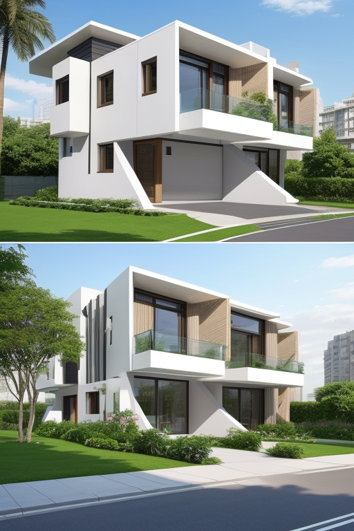 Generate an image of three two-story rectangular homes, with the main entrance located on the left side of the main facade, which is the shortest side of the rectangle. The homes are inspired by the designs of architect Zaha Hadid and feature high glass panels and industrialized rectangular concrete modules. The main facade has shutters and marquises in ACM with a wood-like appearance that give it a modern and elegant touch. Additionally, there is a beautiful and flowery garden in the urban environment. The image should reflect the functional and modern aesthetic that characterizes Zaha Hadid's designs, as well as the visual harmony and interaction between the three homes.
