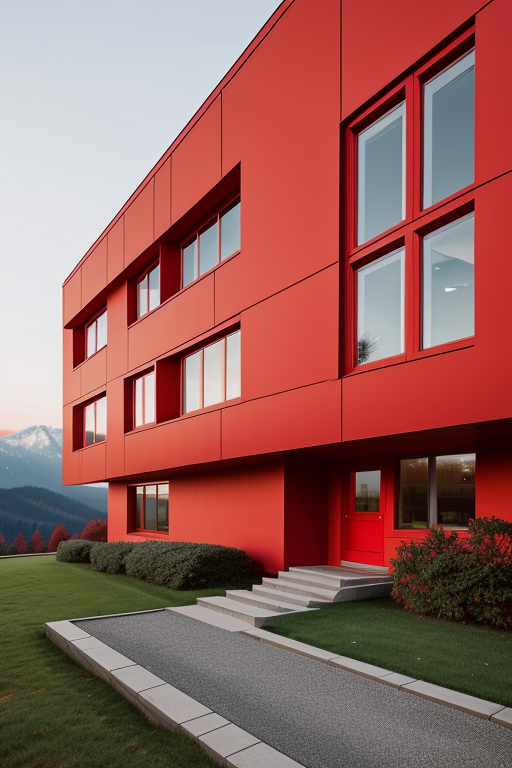 Office in red color, Bauhaus Architecture, morning, in the mountains , beautiful building, Ultra hd, editorial, iso 400, 8k, full frame, landscape