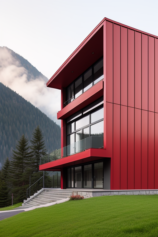 Office in red color, Bauhaus Architecture, morning, in the mountains , beautiful building, Ultra hd, editorial, iso 400, 8k, full frame, landscape