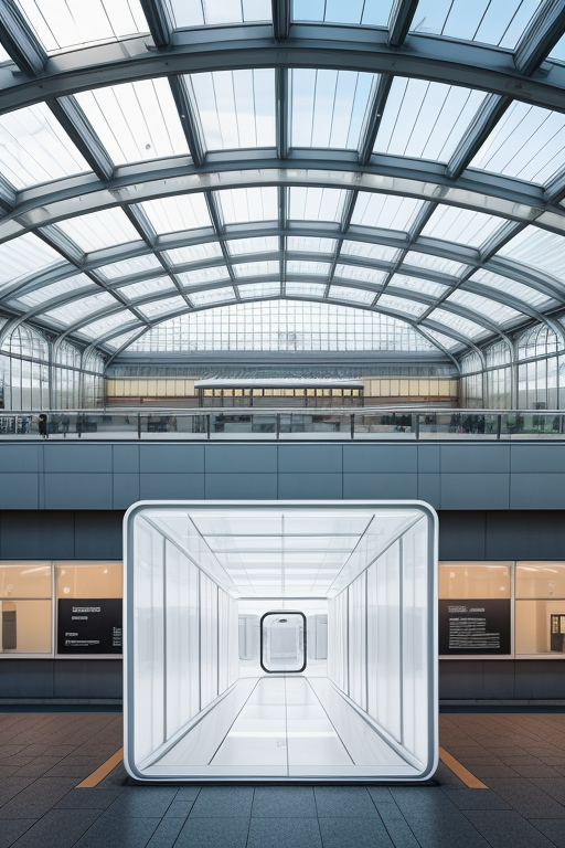 Train station, white cube, translucent, giant, , designed by Mies Van der Rohe