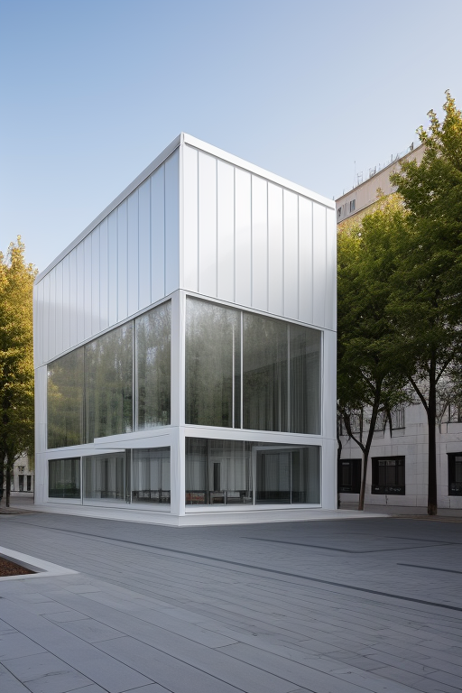 White cube, translucent, steel , designed by Mies Van der Rohe, in madrid 