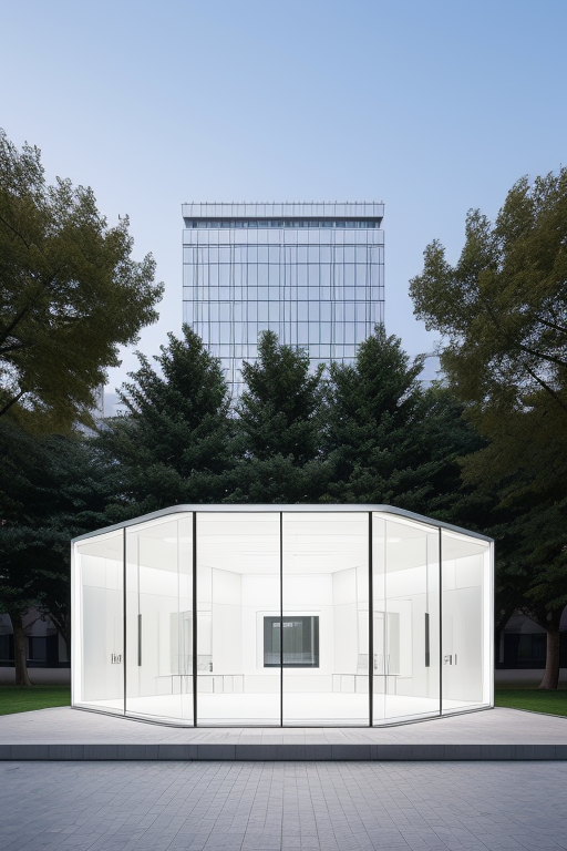 White cube, translucent, steel , designed by Mies Van der Rohe, in madrid 