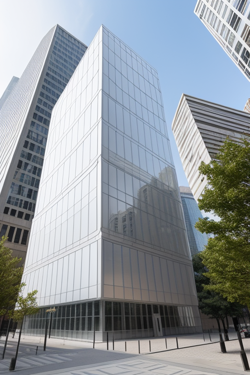 White cube, translucent, steel , designed by Mies Van der Rohe, in madrid, skyscraper 