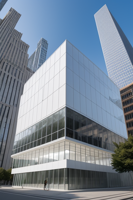 White cube, translucent, steel , designed by Mies Van der Rohe, in madrid, skyscraper 