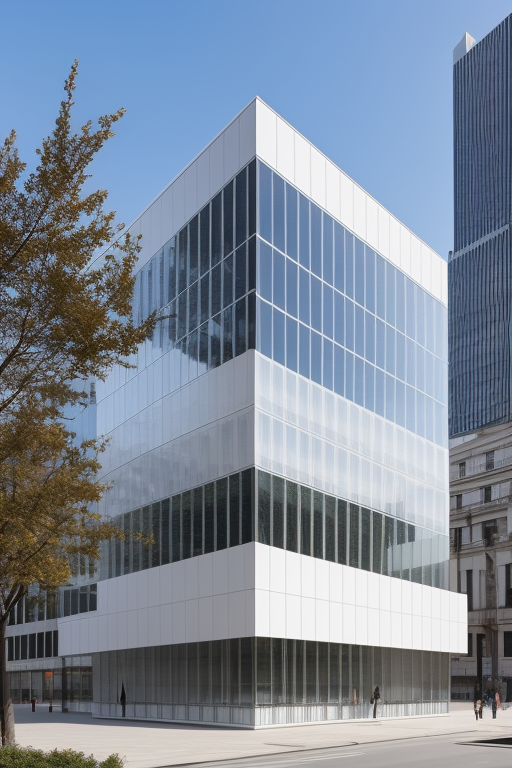 White cube, translucent, steel , designed by Mies Van der Rohe, in madrid, skyscraper 