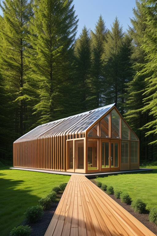 organic greenhouse skin, with a parametric structure of steel and wood, taking advantage of the path of the sun, within this skin but separated, a sustainable CLT wood house with spaces between the house and the organic skin of the organic garden, designed by Rem Koolhas, Parametric Architecture, morning, in the forest