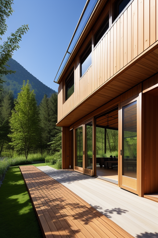 Greenhouse skin of organic design, with a parametric structure of steel and wood, taking advantage of the path of the sun, within this skin but separated, a sustainable house made of CLT wood with spaces between the house and the organic skin of the organic garden, Villa, designed by Renzo Piano, Modern Architecture, morning, in the mountains