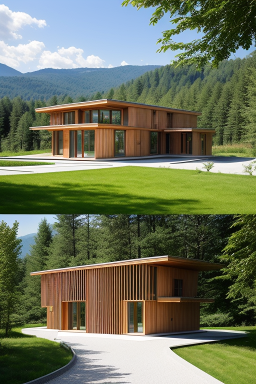 Greenhouse skin of organic design, with a parametric structure of steel and wood, taking advantage of the path of the sun, within this skin but separated, a sustainable house made of CLT wood with spaces between the house and the organic skin of the organic garden, Villa, designed by Renzo Piano, Modern Architecture, morning, in the mountains
