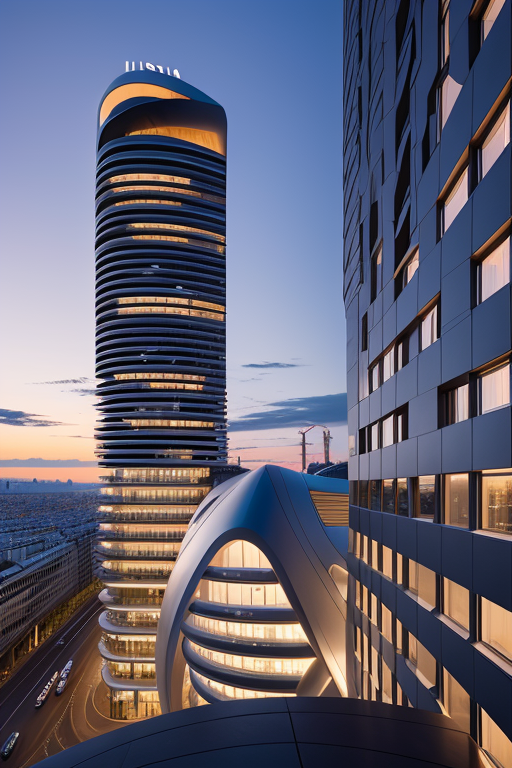 Hotel, designed by Zaha Hadid, Modern Architecture, sunset, in Paris, Ultra hd! editorial, iso 400, surrealistic, 8k, full frame, landscape, Ultra hd! editorial, iso 400, surrealistic, 8k, full frame, landscape, in Barcelona, night time, Modern Architecture, designed by Richard Rogers
