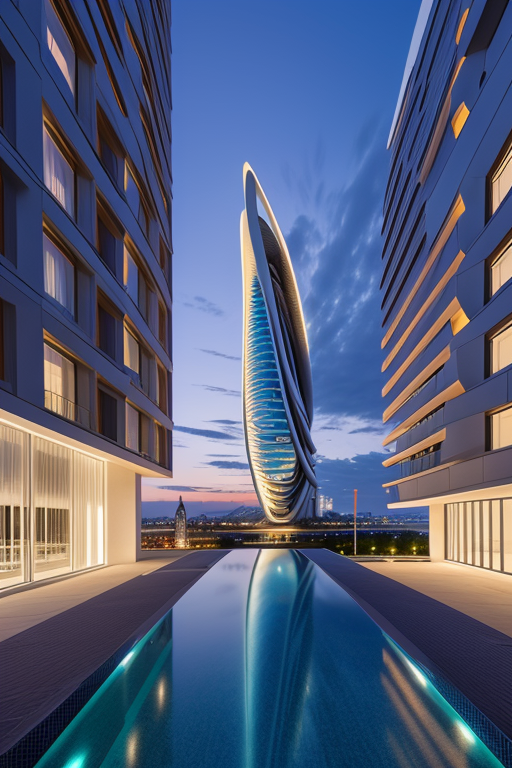 Hotel, designed by Zaha Hadid, Modern Architecture, sunset, in Paris, Ultra hd! editorial, iso 400, surrealistic, 8k, full frame, landscape, Ultra hd! editorial, iso 400, surrealistic, 8k, full frame, landscape, in Barcelona, night time, Modern Architecture, designed by Richard Rogers