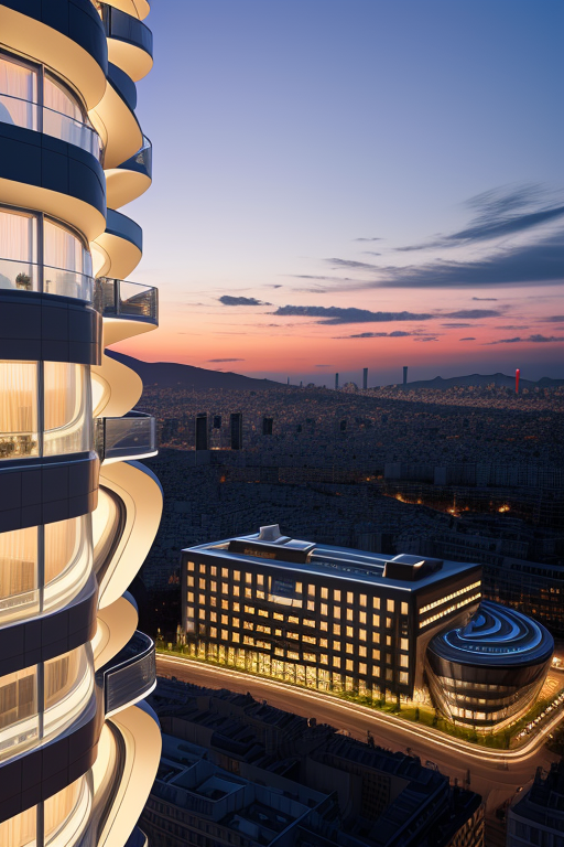 Hotel, designed by Zaha Hadid, Modern Architecture, sunset, in Paris, Ultra hd! editorial, iso 400, surrealistic, 8k, full frame, landscape, Ultra hd! editorial, iso 400, surrealistic, 8k, full frame, landscape, in Barcelona, night time, Modern Architecture, designed by Richard Rogers