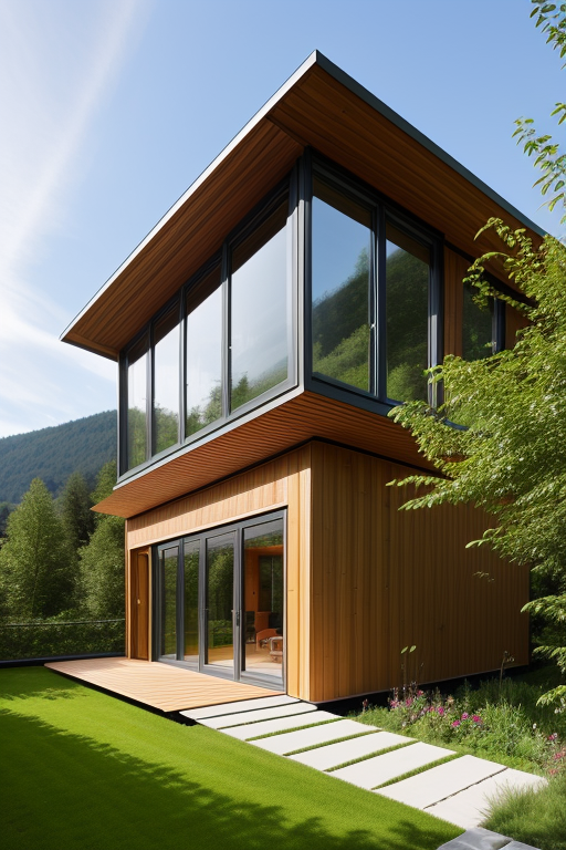 Greenhouse skin of organic design, with a parametric structure of steel and wood, taking advantage of the path of the sun, within this skin but separated, a sustainable house made of CLT wood with spaces between the house and the organic skin of the organic garden, Villa, designed by Renzo Piano, Modern Architecture, morning, in the mountains